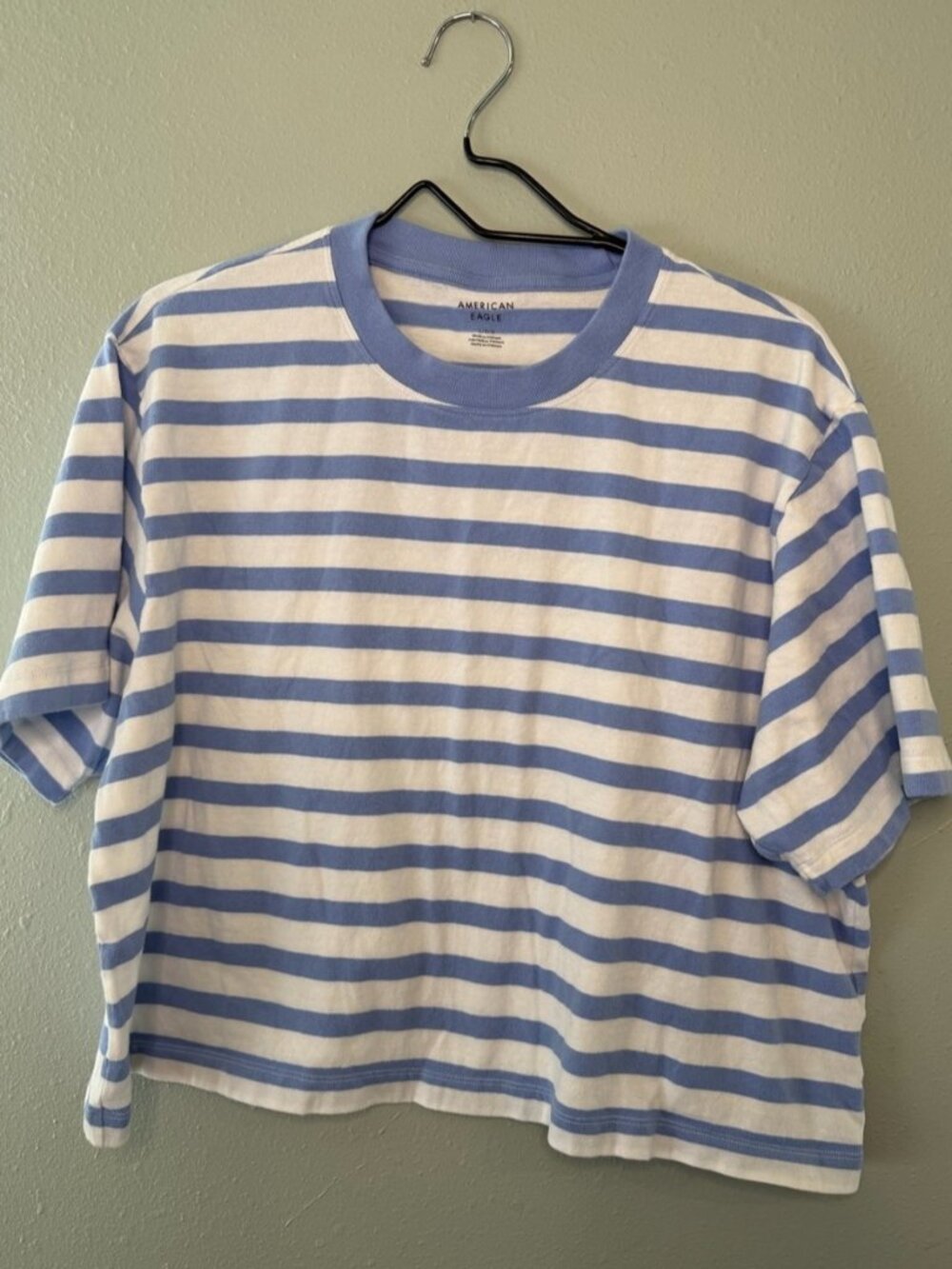Blue White Stripped Cropped Tee Shirt Womans Large Cotton Boxy